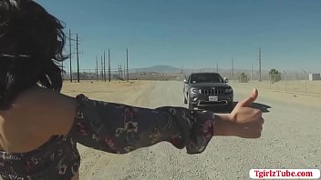 Shemale hitch hiker is in the road waiting for a car so she can get a free ride.A car stops in front of her and she lets her hop in.After that,she stop in the motel and she thank the guy by sucking his big cock and letting him fuck her ass so hard.