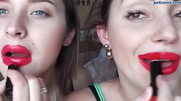 Two girls messy red lipstick kissing paxcams.com