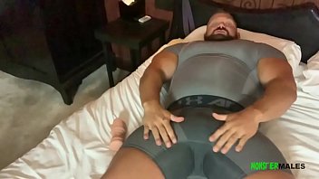 Bodybuilder in lycra showers and poses with his massive cock big cum shot