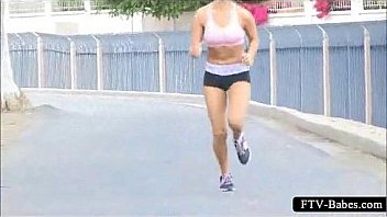Sexy teen sporty babe jogging topless in public