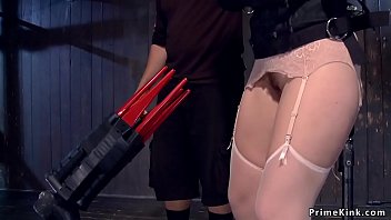Master Orlando wears black strait jacket to brunette slave and makes her fucking dildo then bangs her with dick on a stick