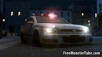 Hot 3D babe lays on a cop car and sucks a monsters cock