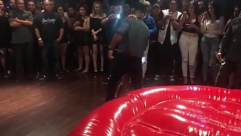 Audience insists girl and guy to lapdance and honk on air couch
