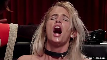 Tied tits slaves getting throats banged while vibrating clits at bdsm orgy party