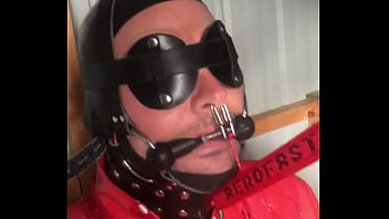 Rubber gimp strapped to chair, Butt plug inflated huge, electro nipples zapping