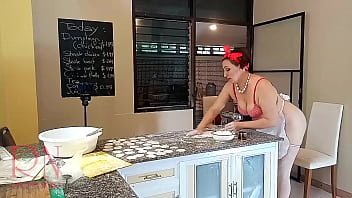 Nudist housekeeper Regina Noir cooking at the kitchen. Naked maid makes dumplings. Naked cooks. Spy camera. Part  1