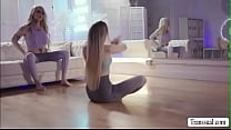 Busty shemale is doing yoga and her blonde babe partner joins her.After that,they talk for a while and they start kissing each other after.Next is,she lets her suck her hard shecock and in return,she licks her pussy first before fucking it.